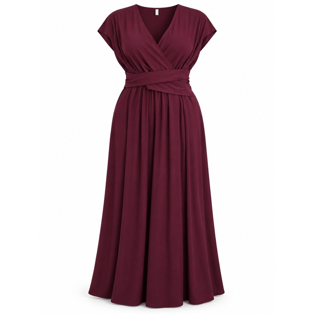 Halara Burgundy V-Neck Wrap Waist Maxi Dress Short Sleeve Wine Red Formal Gown